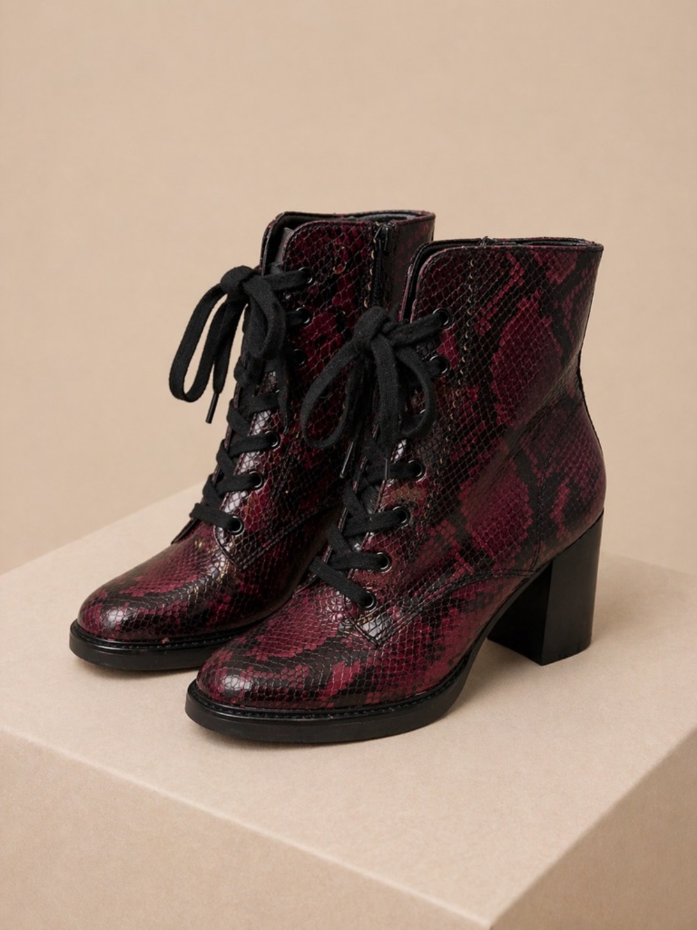 Naturalizer Burgundy Snake-Print Lace-Up Ankle Boots